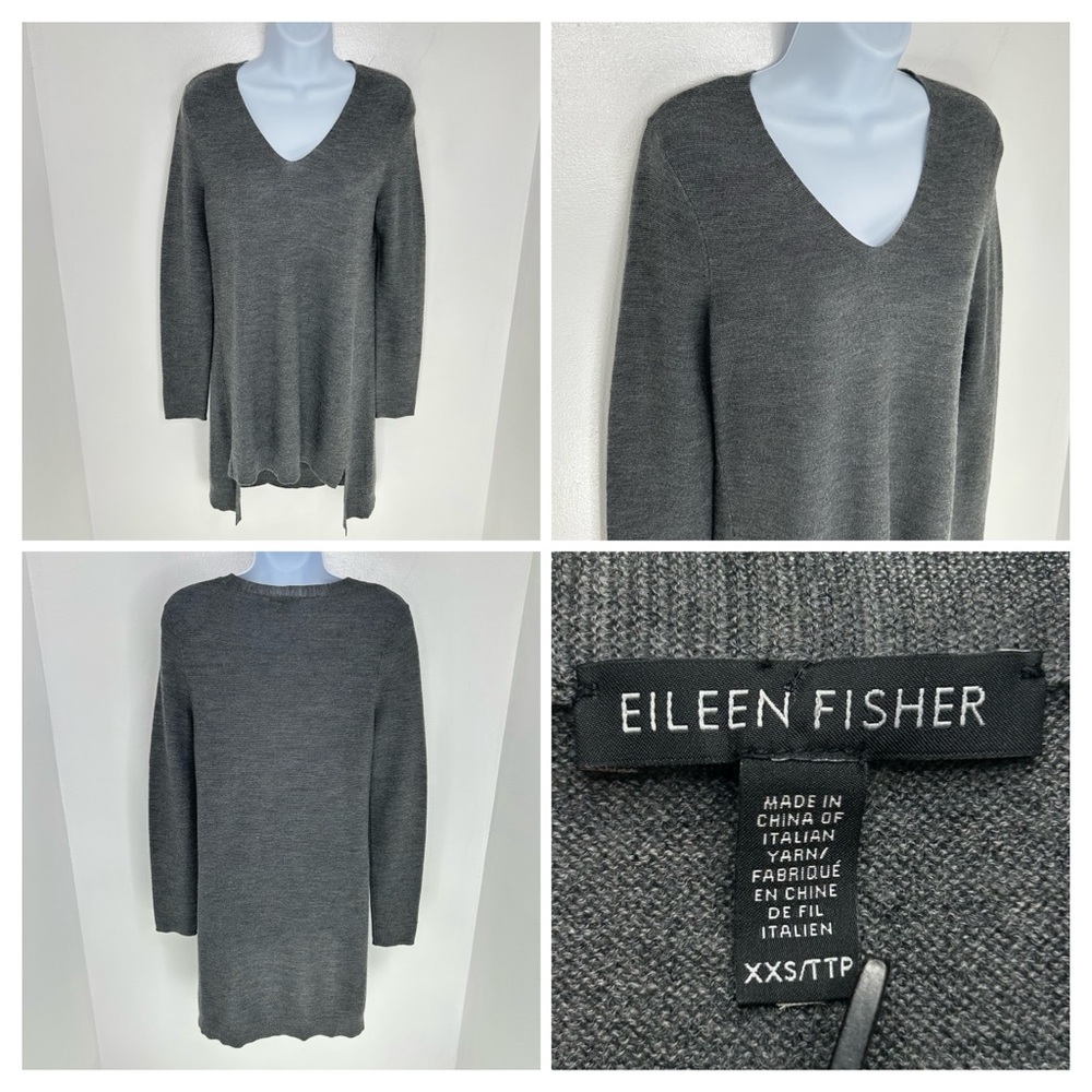 Eileen Fisher Hi Low Merino‎ Wool V Neck Tunic Sweater Size XXS Gray Classic